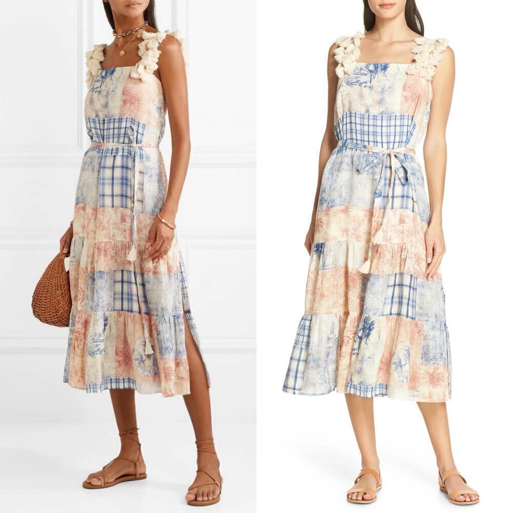 Tory Burch Tasseled Patchwork Printed Linen Midi Dress Far Away Size XS